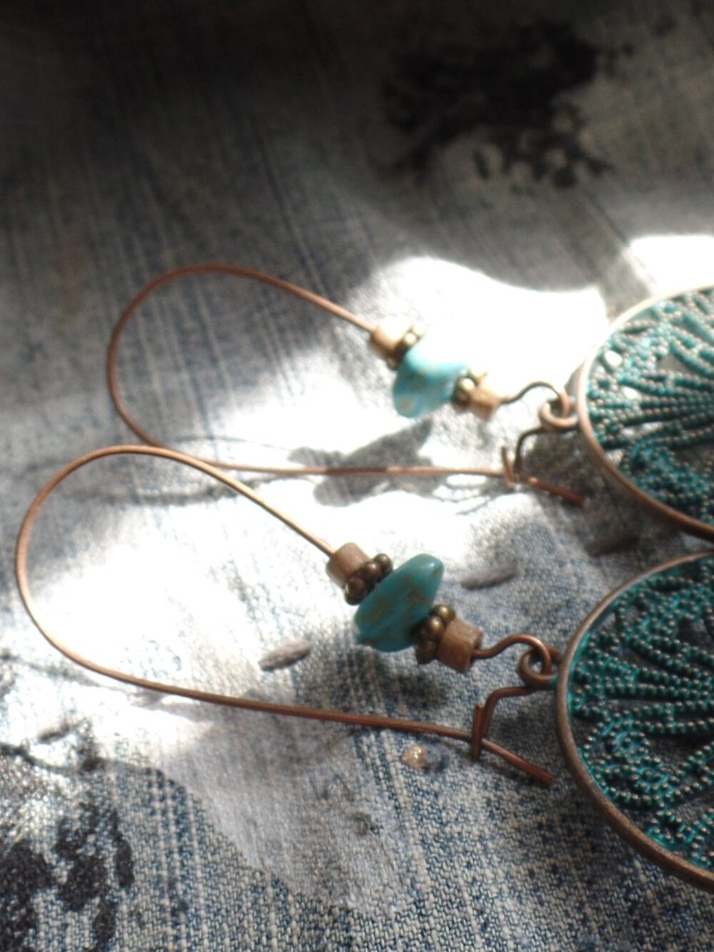 Copper Beaded Turquoise Color Filagree Earrings NWOT - Picture 4 of 4